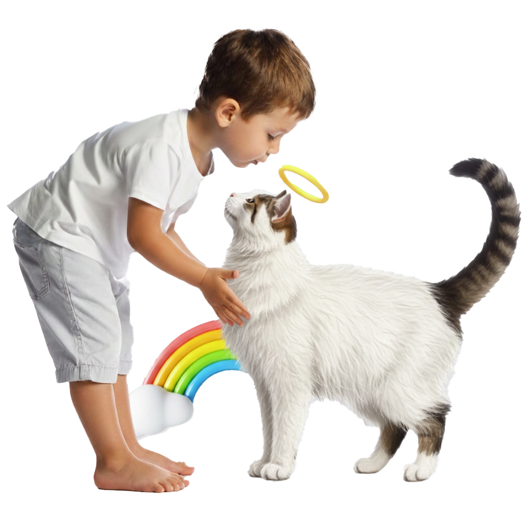 Child petting cat with rainbow