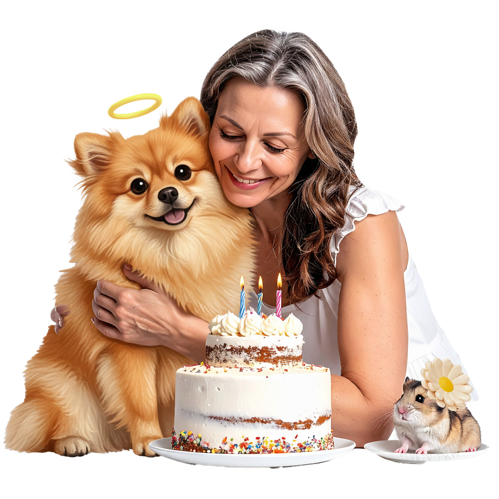 Woman hugging dog with cake
