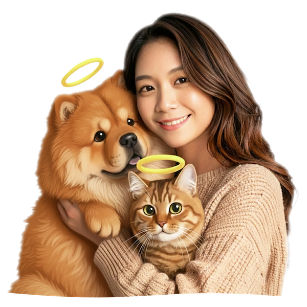 Happy woman with dog and cat and halos